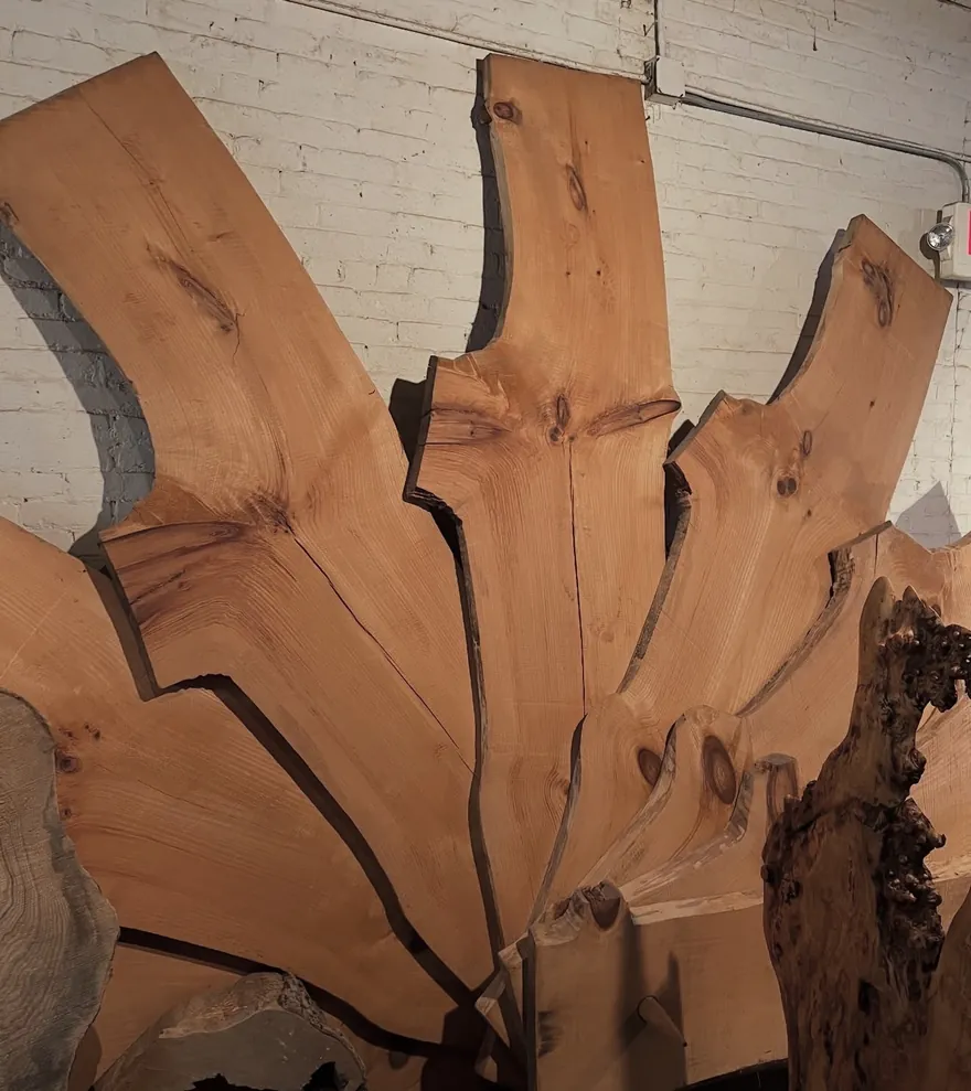 Hand selected live edge hardwood slabs in the MRG workshop